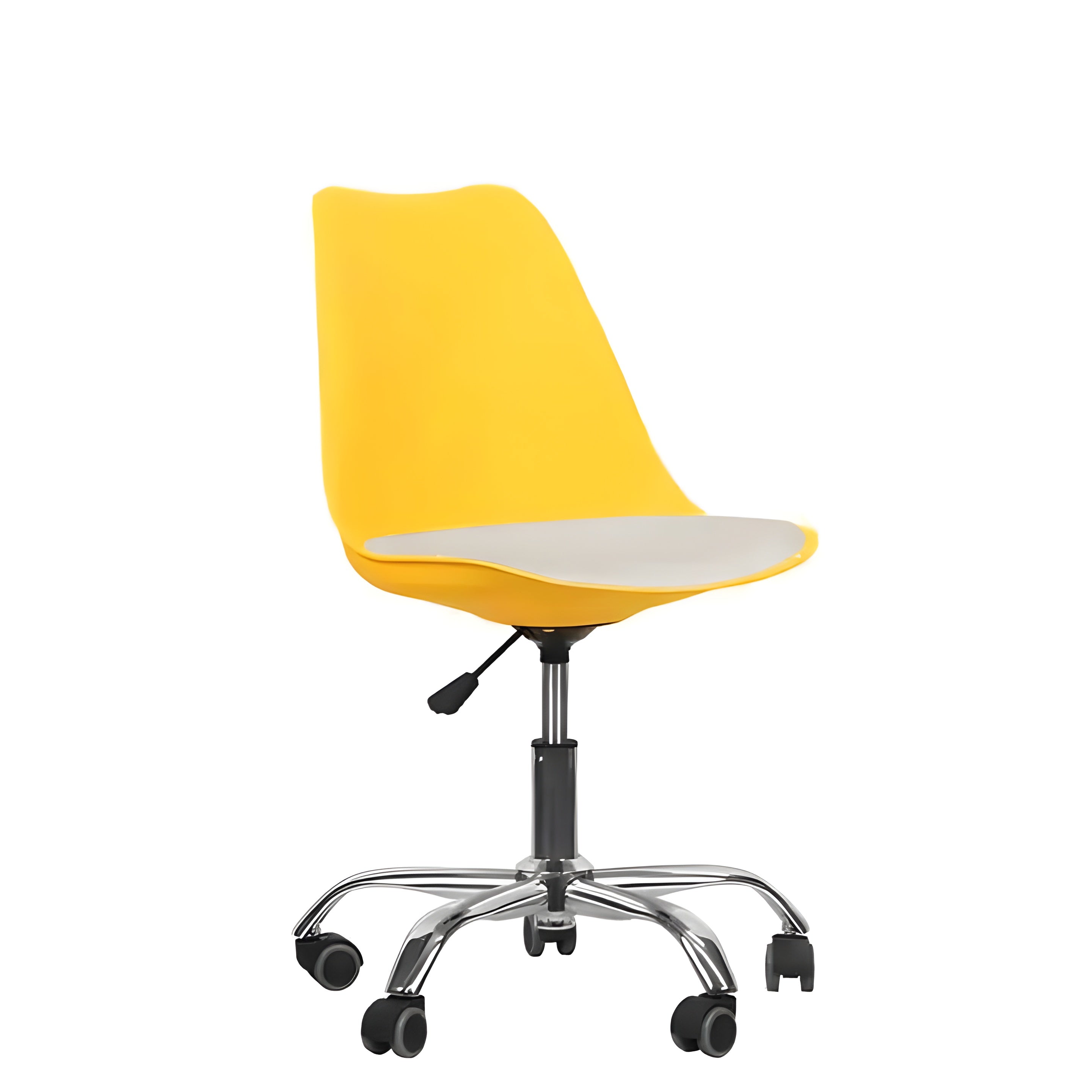 Yellow office chair with a white seat on a white background