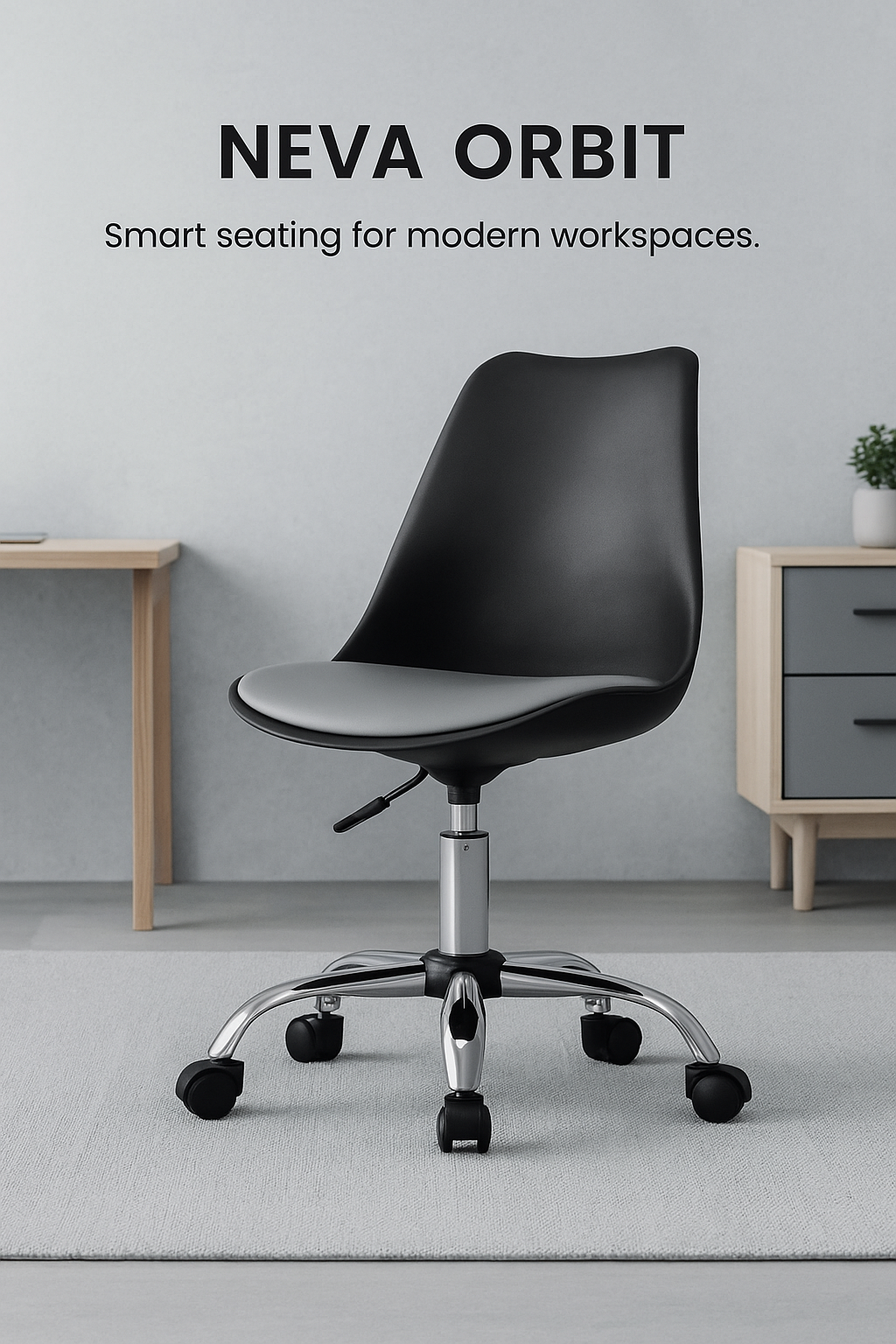 Black office chair with gray seat in a modern workspace setting, featuring the brand 'NEVA ORBIT'.