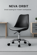 Black office chair with gray seat in a modern workspace setting, featuring the brand 'NEVA ORBIT'.