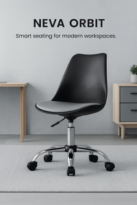 Black office chair with gray seat in a modern workspace setting, featuring the brand 'NEVA ORBIT'.