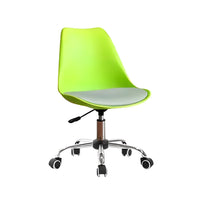 Green office chair with a white seat on a white background